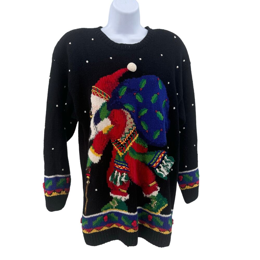 Mary Engelbreit Christmas Sweater WMNS M Santa Hand Knit Ramie Cotton VTG